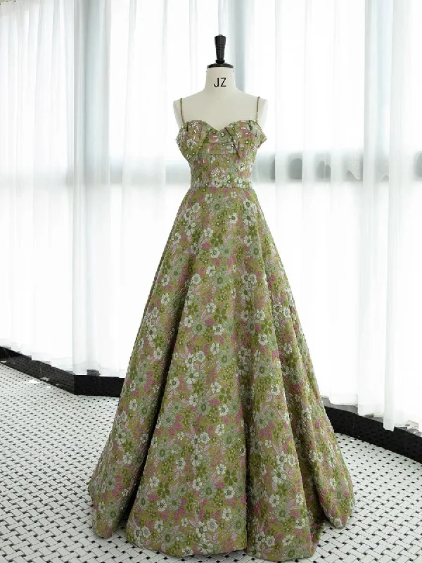 Romantic Fashion Discounts Classic Charm Elegant A line Spaghetti Straps Green Satin Floral Ruffles Long Prom Dress Evening Dress C3236