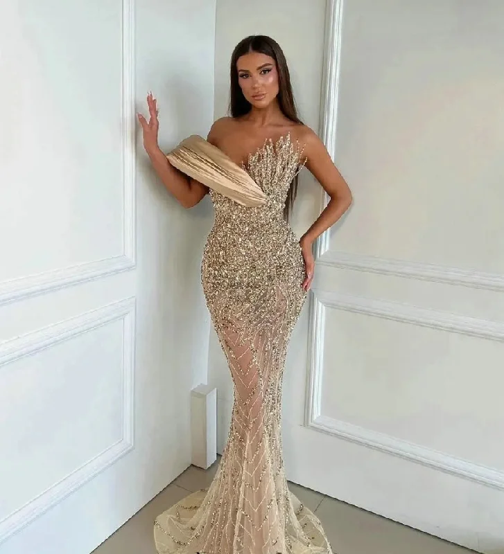 Low Price Special Statement Piece Champagne Long Sequins Evening Dresses One Shoulder Handmade Beade Sexy Sleeveless Party Gowns for Women