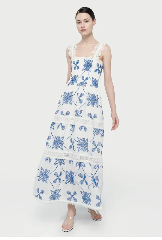 Sporty Fashion Offers Art Deco Geometric Pattern Look COCO MAXI DRESS WHITE/BLUE