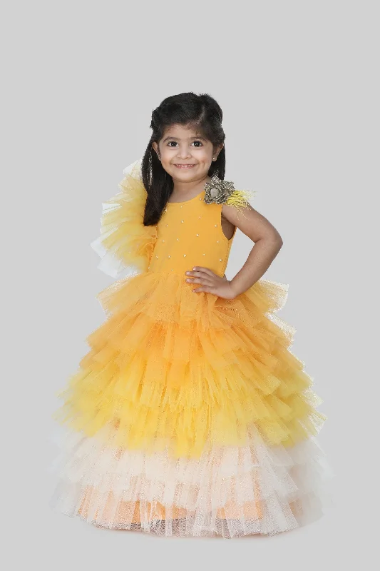 Fashion Sale Subtle Sophistication Pre-Order:  Exquisite Mustard Yellow Floral And Pearl Embellished Ruffled Gown