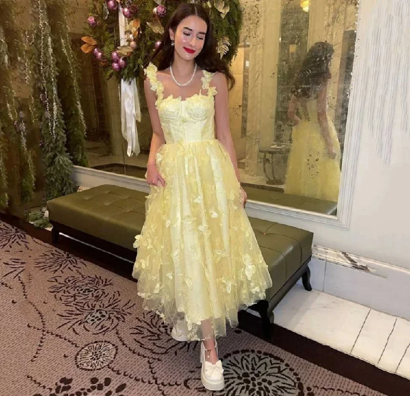 Flash Sales Grab Romantic Date - Night Styles Now Yellow Prom Dresses Fairy Spaghetti Strap 3D Butterfly Tea Length Party Dress For Women Lace Up Back Evening Gowns