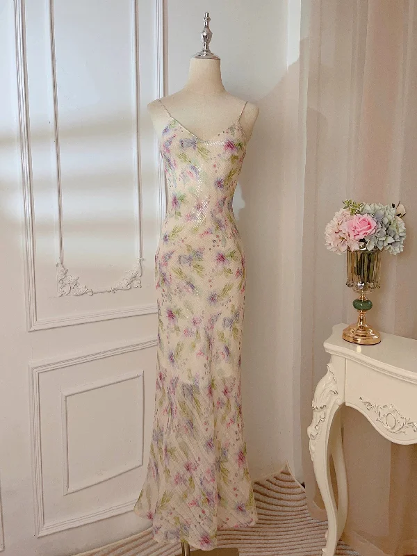 Laid-Back Fashion Offers Floral Style Modest Sheath Spaghetti Straps Lilac Floral Long Prom Dresses Evening Dress C2325