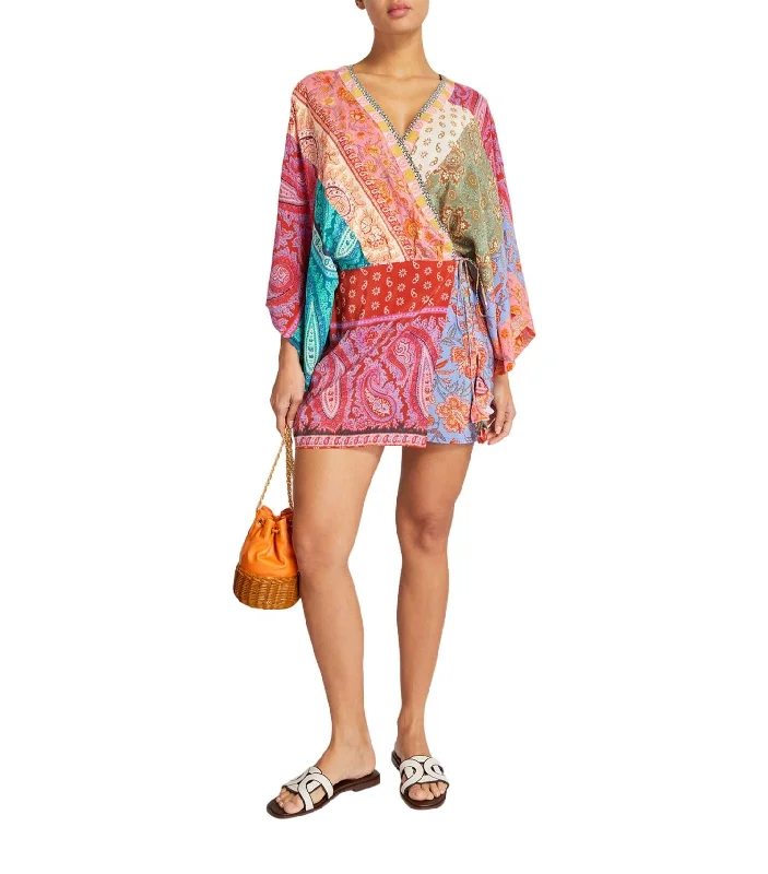 Chic And Edgy Graceful Movement Kaleido Silk Robe Mini Dress In Ruby Patchwork