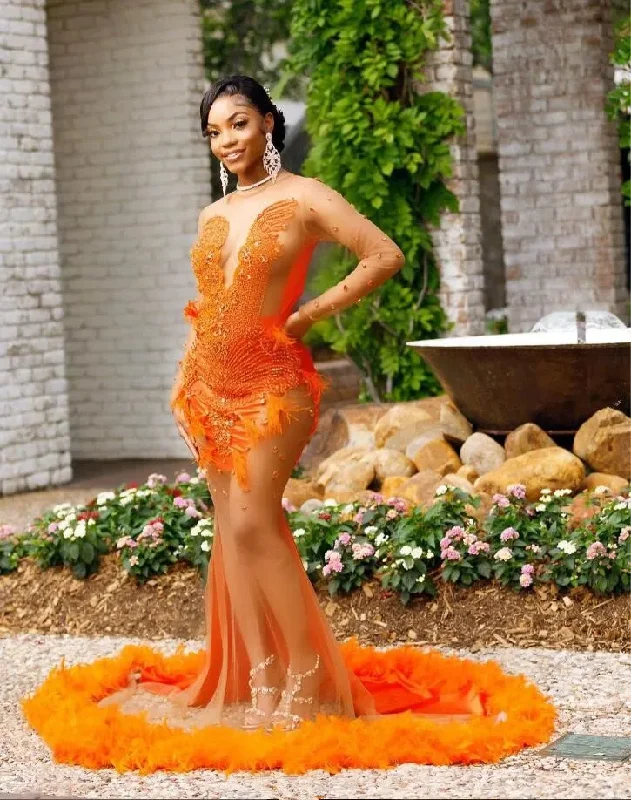 Cozy Chic Promotions Tropical Island - Inspired Attire Orange Luxury Long Sleeve African Prom Formal Party Dresses for Black Girl Sheer Mesh Sparkly Diamond Evening Birthday Gown Gala