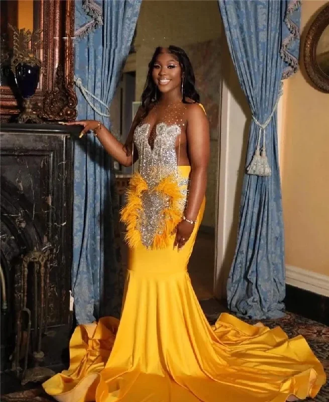 Modern Fashion Sale Charming Silhouette Yellow O Neck Long Prom Dress Beaded Crystal Birthday Party Dresses Tassel Evening Gowns Feathers Formal Gown