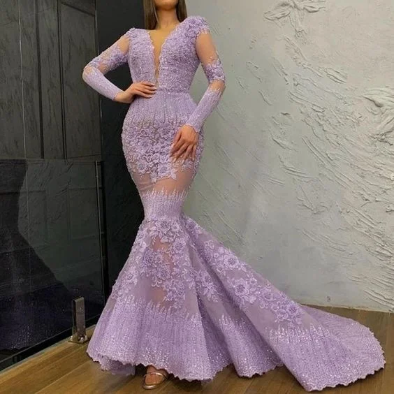 Unleash Your Style Effortless Style luxury purple evening dresses long sleeve mermaid lace applique beaded modest floral evening gown prom dress    cg21545