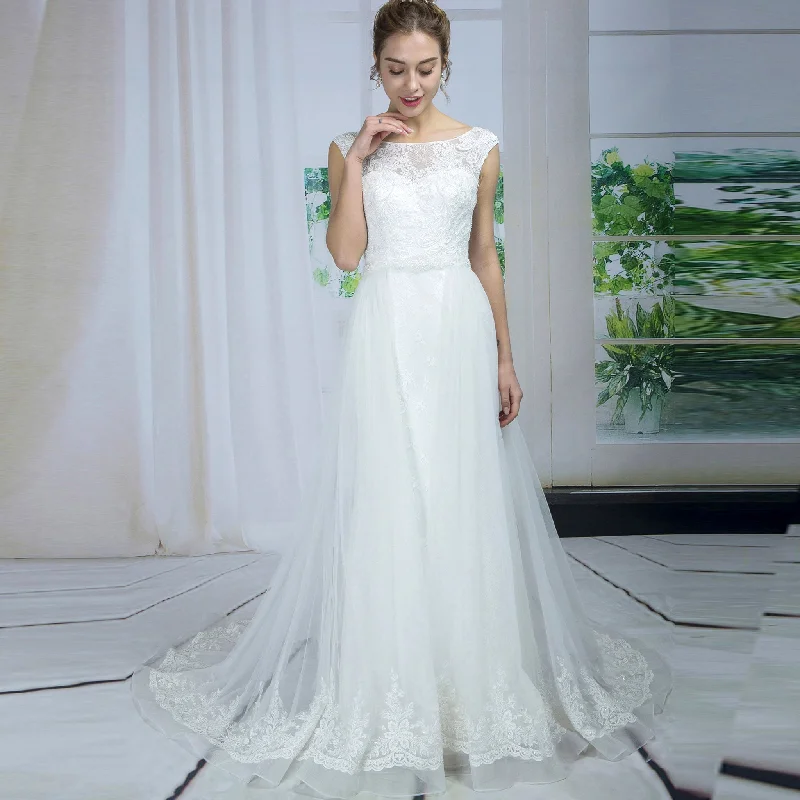 Glamorous Fashion Offers Contemporary Chic Modern Cap Sleeve Sheer Neck A-line Tulle Wedding Dress