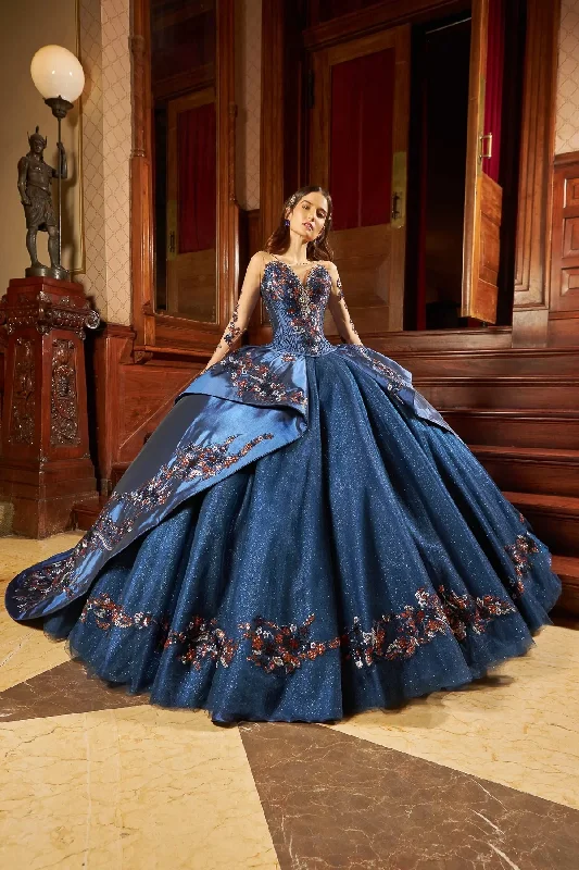 Refined Fashion Sale Floral Style Blue Mexican Quinceanera Dresses Ball Gown Long Sleeves Appliques Sparkly Puffy Sweet 16 Dresses 15 Años