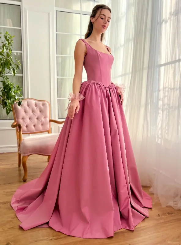 Classy Style Discounts Elegant Details Elegant Square Collar Evening Dresses Taffeta Spaghetti Straps Basque Waist A-line Formal Party Gown Pleat Backless Dating Dress