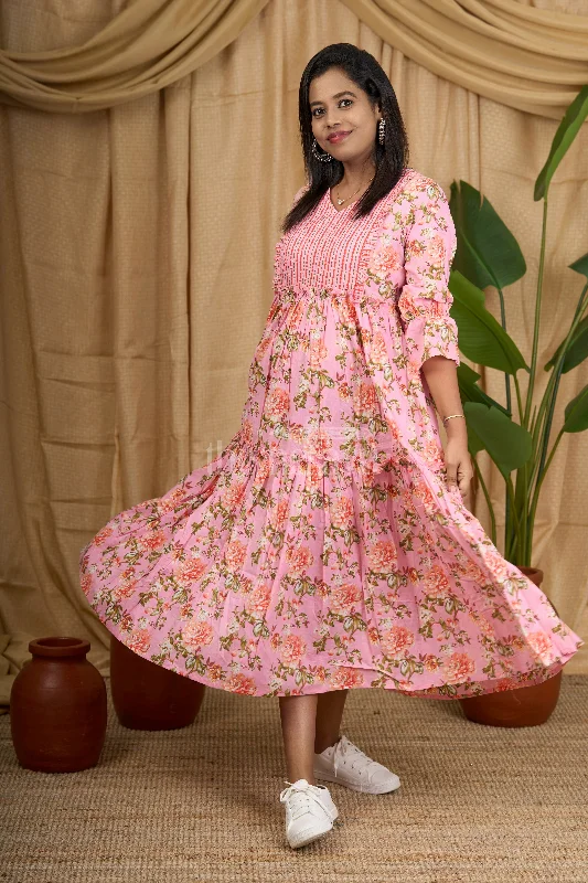 Top Brand Discounts Limited - Stock Pink Striped Cotton Maxi Dress with Floral Inner Lining and Ruffled Sleeves