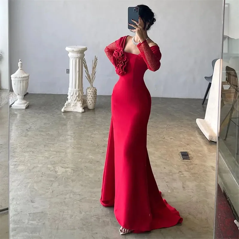 Limited Stock, Big Sale Feminine Charm Elegant Red Evening Dresses Off the Shoulder Long Sleeves Handmade Flowers Mermaid Sweep Train Party Gowns for Women