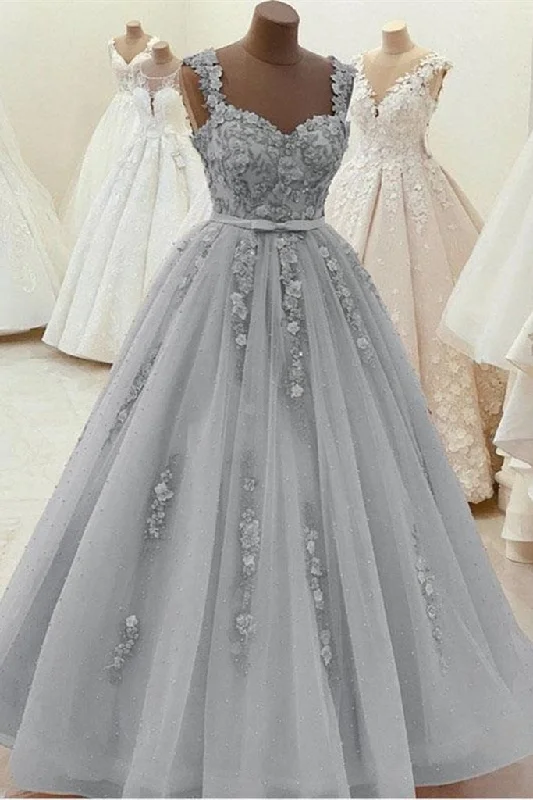 Flash Sale Modern Glamour Gorgeous Sweetheart Neck Beaded Gray Floral Lace Prom Dress, Grey Floral Lace Formal Dress, Gray Evening Dress   cg12103