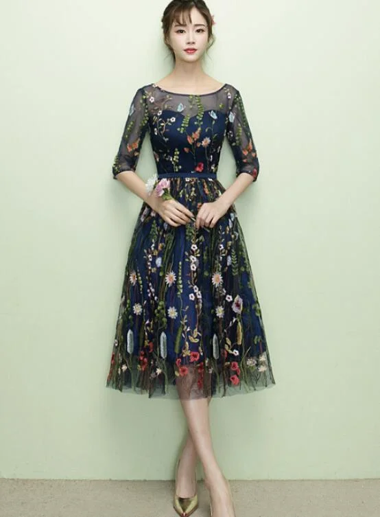 Retro Style Promotions Lightweight Fabric Lovely Navy Blue Lace Floral Knee Length Bridesmaid Dress, Blue Short Party Dress Homecoming Dress   cg11686