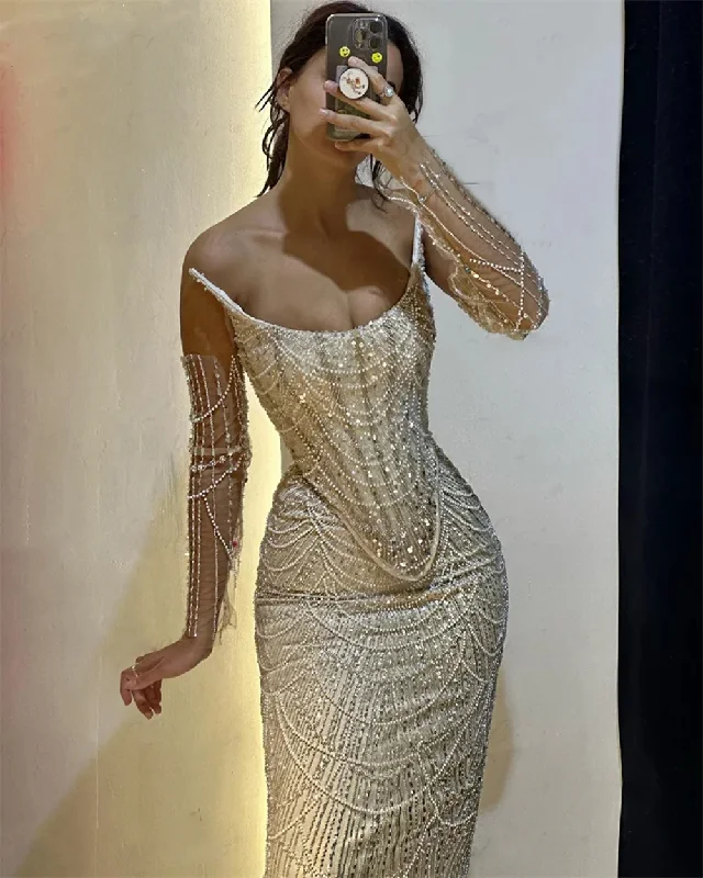 Minimalist Fashion Sale Grab Romantic Date - Night Styles Now Sequined Pearls Evening Dresses Luxury Mermaid Champagne Beaded Spaghetti Straps Formal Prom Party Gowns