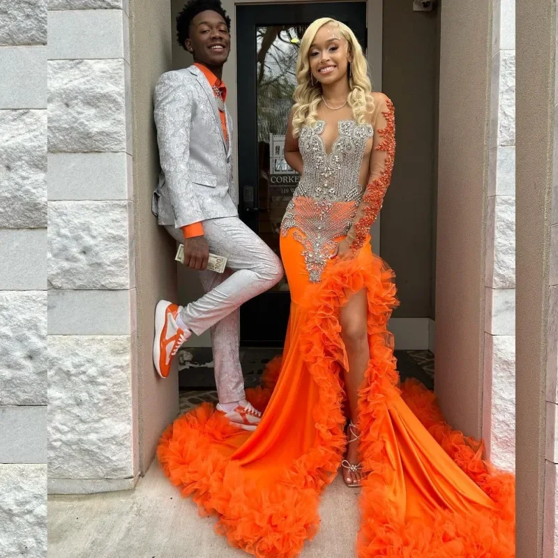 Hot Sale Elevated Style Luxury Split Orange Prom Dresses Black Girl Beading African Women Pageant Party Gowns One Shoulder