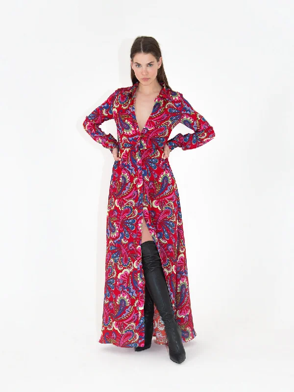 Embrace New Fashion Bohemian Vibe Jacqueline Crepe Shirt Maxi Dress - Paisley Red