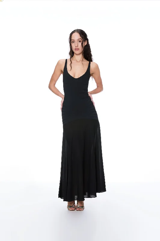 Low Price Special Dreamy Aesthetic RITMO DI PERLA BLACK RUCHED MAXI DRESS