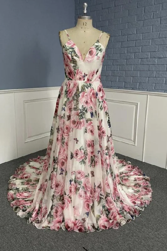 Exclusive Fashion Deals Statement Piece Stylish v neck floral pattern prom dress A line evening dress    cg18049