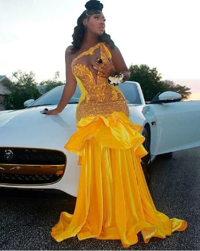 Popular Collection Elegant Ensemble Yellow One Shoulder Prom Dresses Aso Ebi Mermaid Evening Gowns Black Girl Formal Occasion Party Dress Robe De Soiree