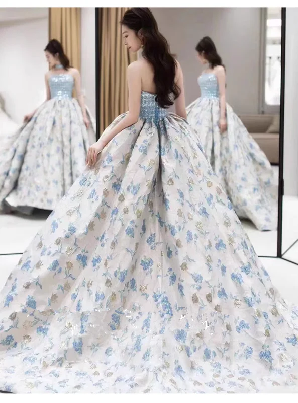 Statement Fashion Offers Casual Weekend Relaxed Style Simple Ball Gown Blue Satin Floral Long Prom Dresses C103