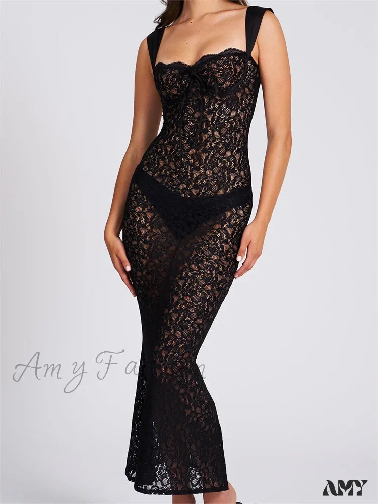 Vintage Style Deals Flowing Silhouette Amy Fashion - Sexy Women Lace Floral  Sling Mesh See-Through Sleeveless Strap Low Cut Summer Backless Party Vestido