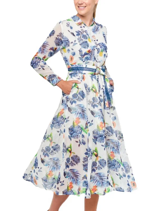 Flash Sale, Don'T Miss Hollywood Glam Award - Show Style Blue Leaf Print Jane Midi Dress In White Multi