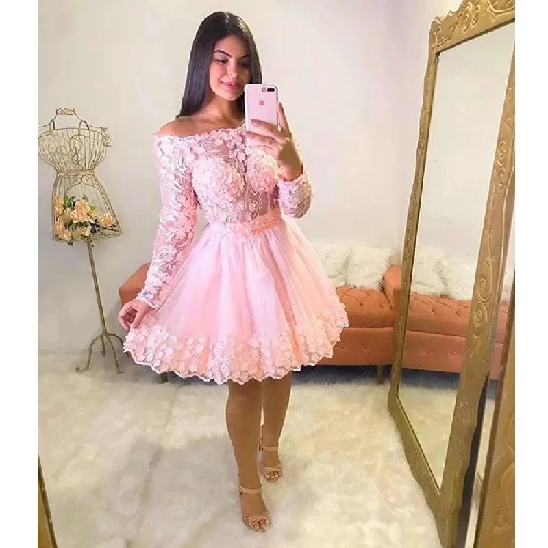 Urban Elegance Deals Urban Sophistication Long Sleeves Pink Short Homecoming Dresses Strapless Appliques 3D Flowers Prom Mini Party Graudation Cocktail Gowns