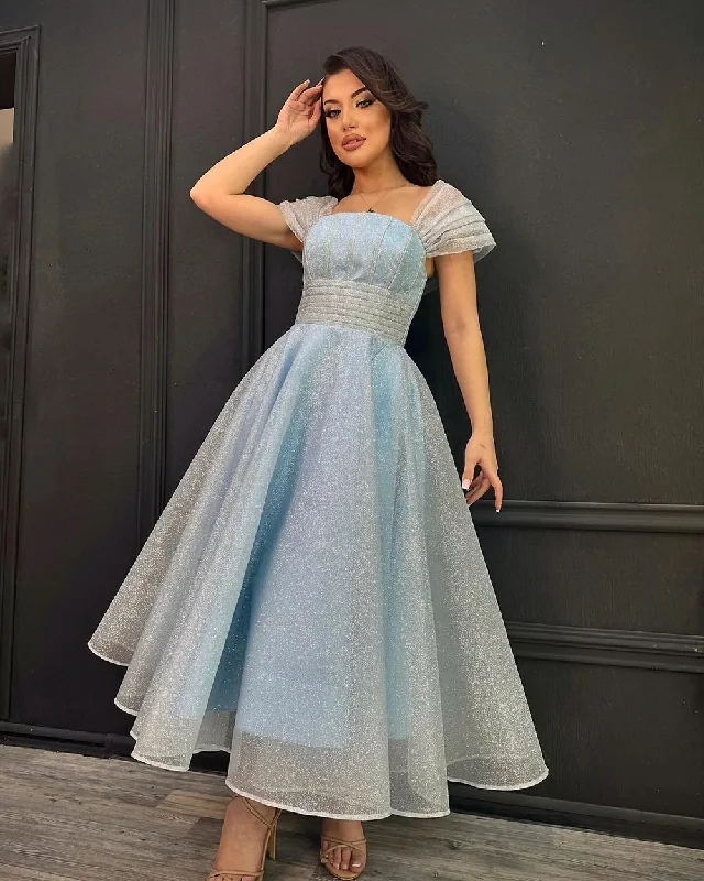 Seasonal Style Discounts Feminine Charm Sky Blue Shiny Sequins Evening Dresses Arabic Women Off The Shoulder Pageant Tea Length Prom Gowns Formal Party Dress