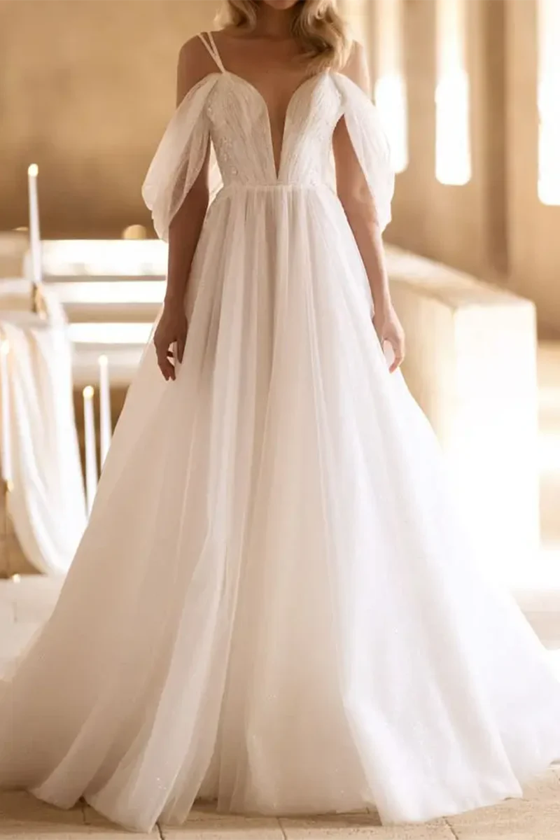 Find Your Unique Flair Effortless Comfort A-line deep V-neck sheer pleated rural style trailing wedding dress