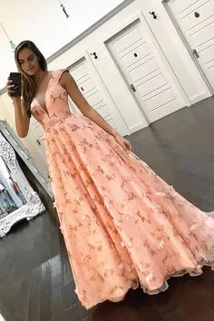 Stylish Savings Tropical Island - Inspired Attire Pink tulle long scoop neck floral spring prom dress with cap sleeves    cg19383