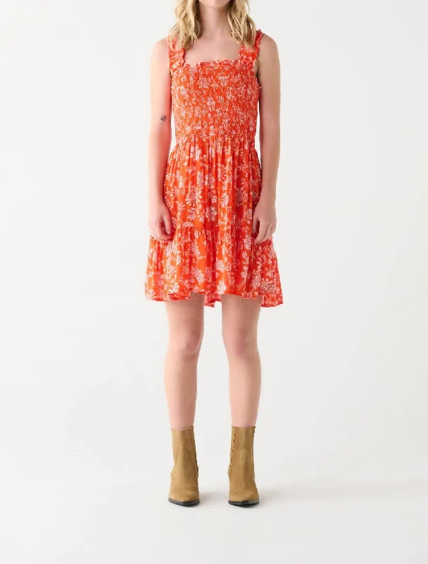 Limited Stock Vibrant Prints Smocked Bodice Mini Dress In Orange/crea,