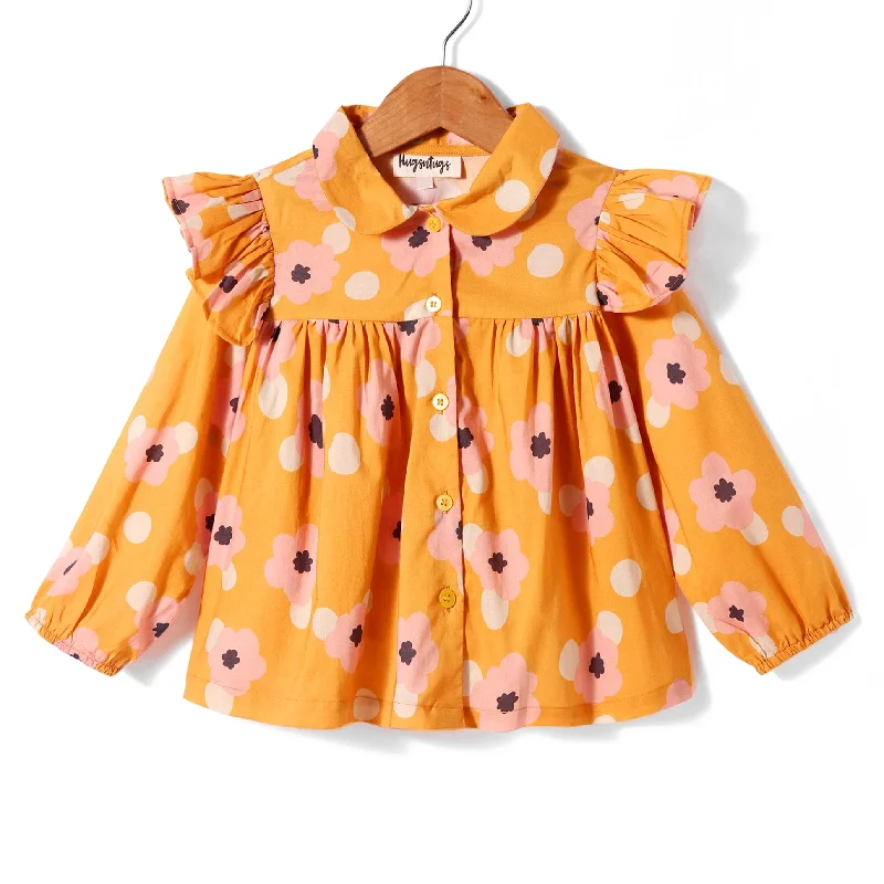 Trend Forward Threads Feminine Allure Pre-Order: Floral print full Sleeves top with peterpan collar and frills at shoulder-Orange