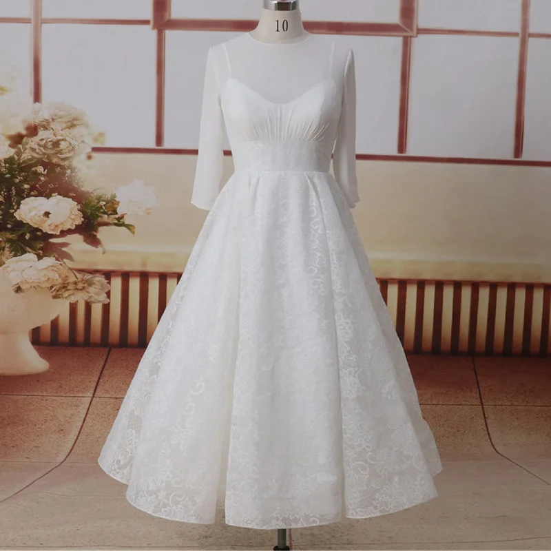 Unbeatable Deals Tropical Island - Inspired Attire 3/4 Sleve Sheer Neck High Back A-line Tea Length Wedding Dress