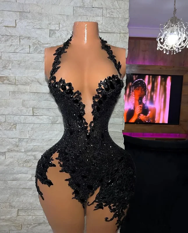 Stylish Deals Effortless Comfort Black Short Prom Dresses For African Women Sexy V-neck Applique Lace Party Gowns Sleeveless