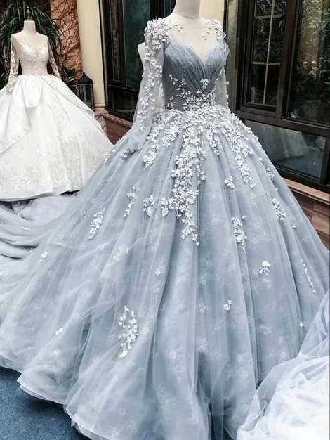 Inspired By You, Designed For You Flowy Fabric Romantic light grey long sleeves floral lace applique ball gown prom dress with court train   cg20084