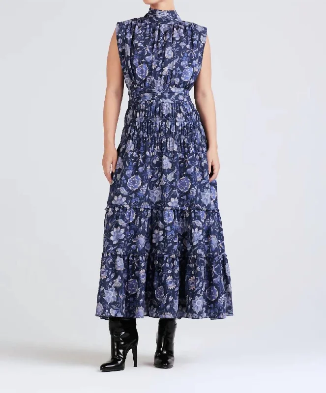 Classy Style Discounts Casual Weekend Relaxed Style Junia Rouched Sleeveless Midi Dress In Navy Multi