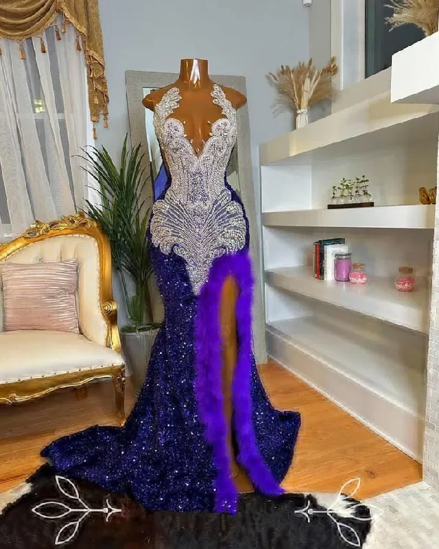 Vintage-Modern Style Offers Feminine Elegance American Girl in Royal Purple Evening Formal Dress for Women Silver Diamond Velvet Long Slit Mermaid Prom Queen Gown Feather