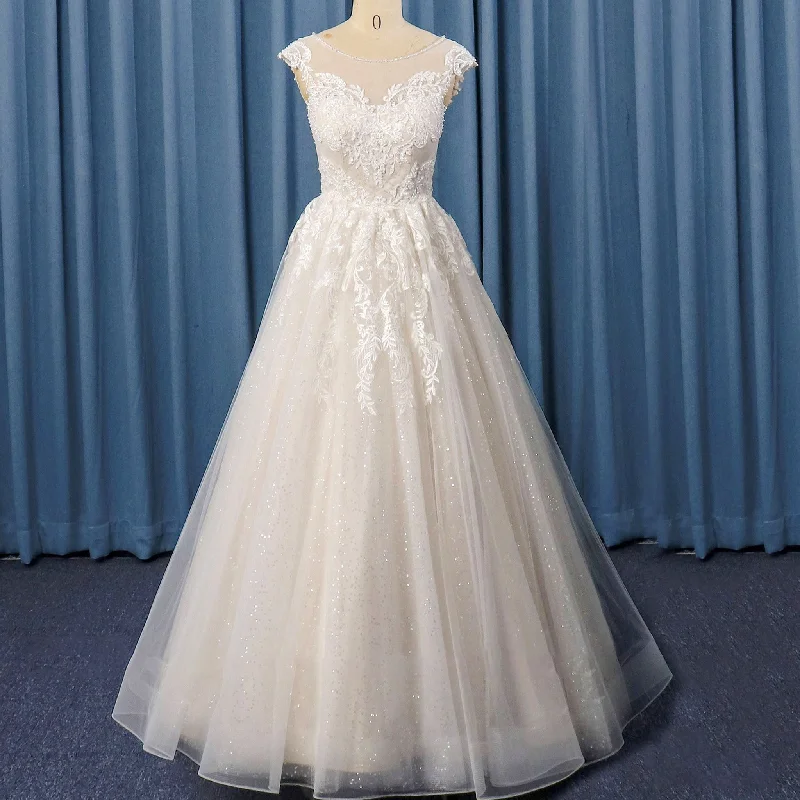 Limited Stock, Big Sale Dreamy Draping Vintage Cap Sleeve A-line Wedding Dress Sheer High Boat Neck