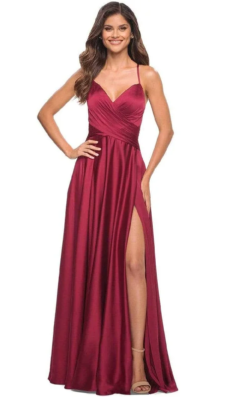 Catch Every Fashion Trend Luxe Layering La Femme - 30512 V-Neck High Slit Satin Dress