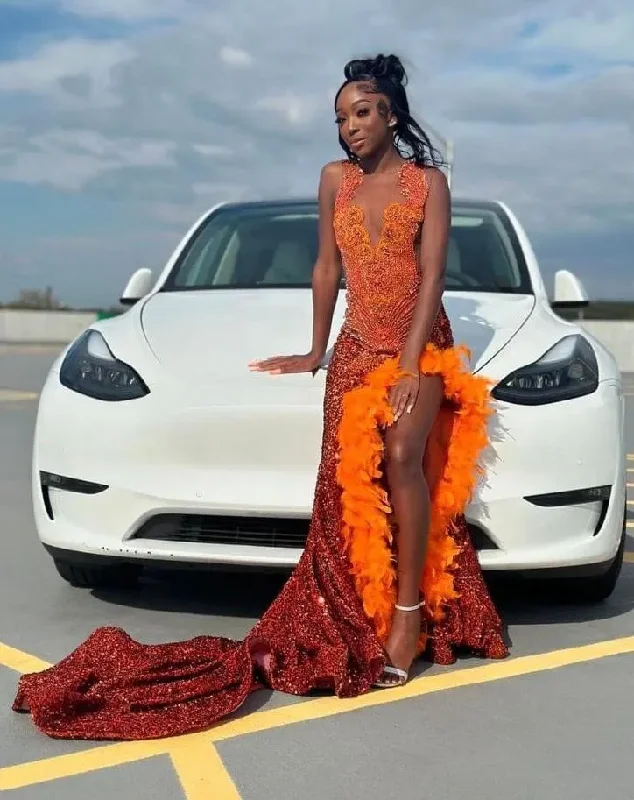 Exclusive Designer Style Deals Limited - Stock Orange Sparkly Long Evening Birthday Dresses for Black Girl Gillter Diamond Feather Velvet Prom Gown