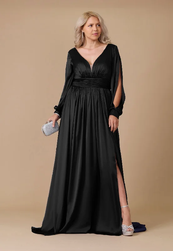 Seasonal Trends Alluring Design Long Open Sleeve Satin Formal Evening Dress Black