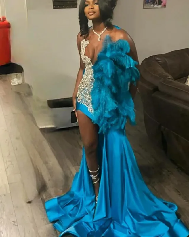 Fashion-Forward Offers Vintage Charm Sky Blue Short Prom Homecoming Dresses with Side Train Sparkly Luxury Diamond Crystal Feather Birthday Party Gown Black Girl