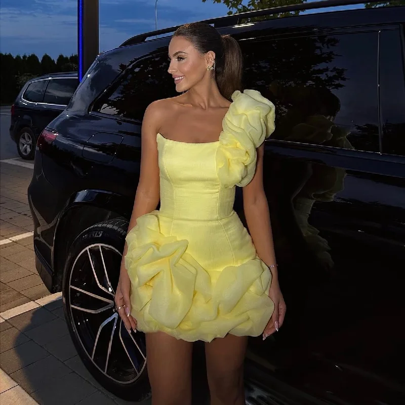 Browse Our Top Products Refined Look Beauty Yellow One Shoulder Short Prom Dresses Fashion Ruffled Mini Length Cocktail Dress Women Formal Occasion Gown فساتين سهرة