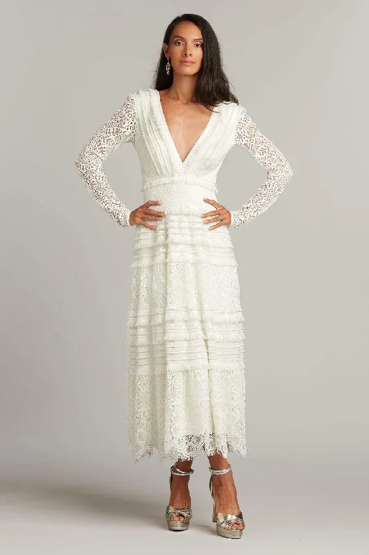 Trendy Street Style Effortless Sophistication Tadashi Shoji - Long Sleeve Deep V Neck A-Line Dress