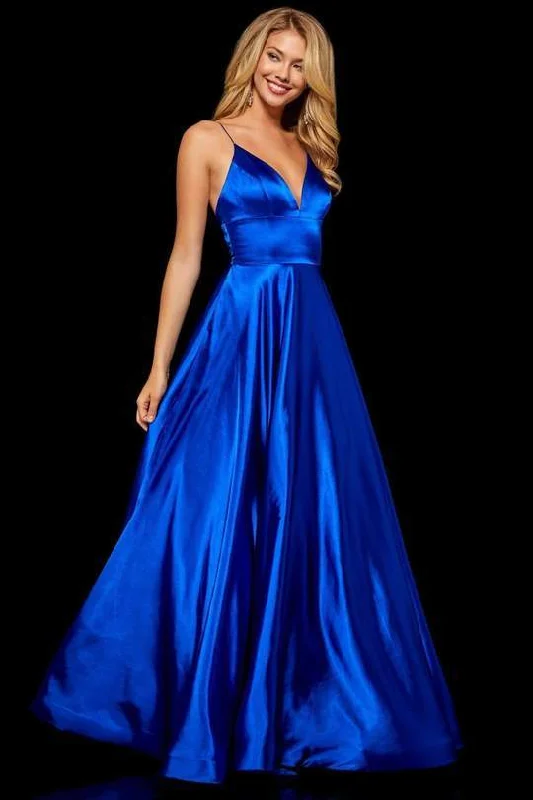 Chic Trend Collection Refined Simplicity Sherri Hill - V Neck Spaghetti Straps A-Line Satin Dress 52195 - 1 pc Dark Royal In Size 00 Available