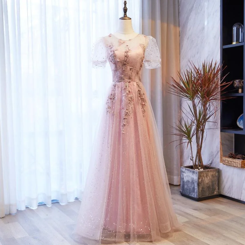 Hot Deals Contemporary Elegance Pink Tulle With Puffy Sleeves Floral Long Evening Dress, Pink Long Party Prom Dress Formal Dresses        cg23037