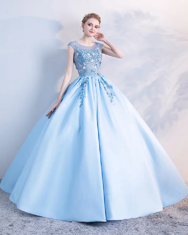 Final Sale Effortless Comfort Sky Blue Cap Sleeves Beading and Floral Ball Gown Prom Dress,Sweet 16 Dress,Engagement Gown PL1005