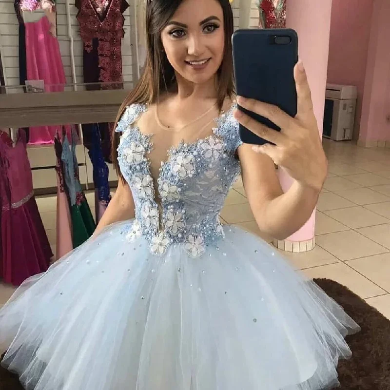 Timeless Elegance Sale Graceful Cut Light Blue A Line Short Homecoming Dresses Tulle Appliques Mini Graudation Cocktail Formal Prom Party Gown