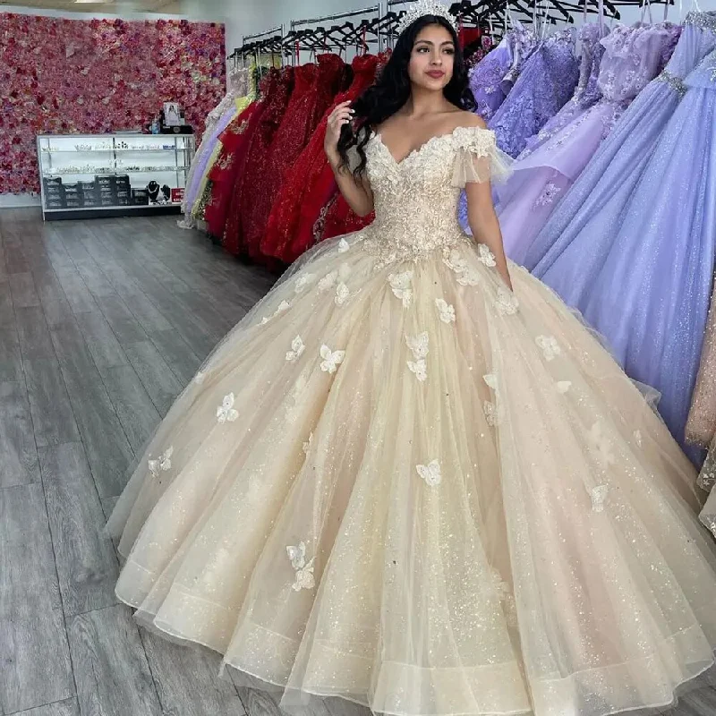 Limited Time Refined Look Champagne Golden Quinceanera Dress Sparkling Fabric V Neck Butterfly Long Ball Gown Prom Dress Sequin Tulle Party Gown