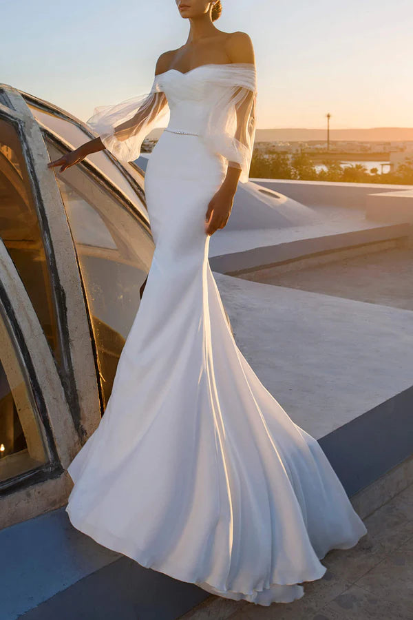 Style Without Limits Romantic Date - Night Ensemble Unique off shoulder long sleeved fishtail wedding dress